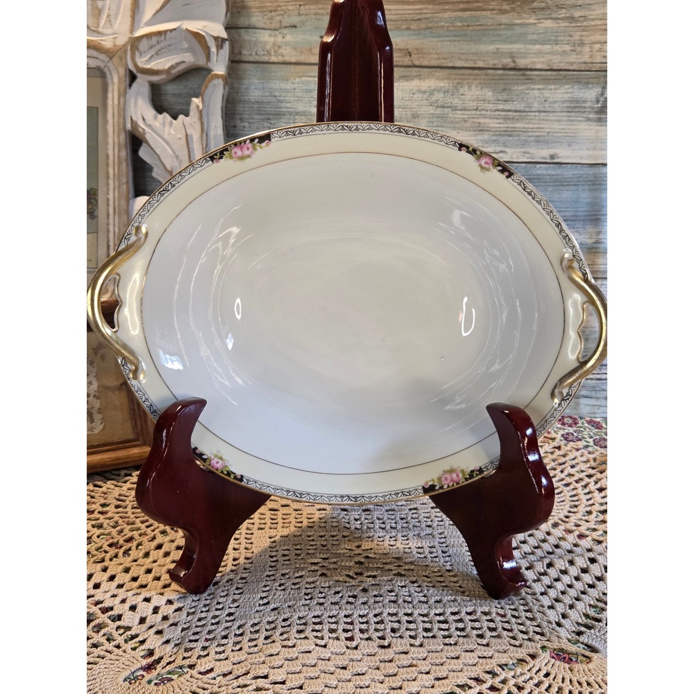 Antique Made in Japan Porcelain Oval Serving Bowl Pink Rose Gold Handles Floral - Picture 8 of 8